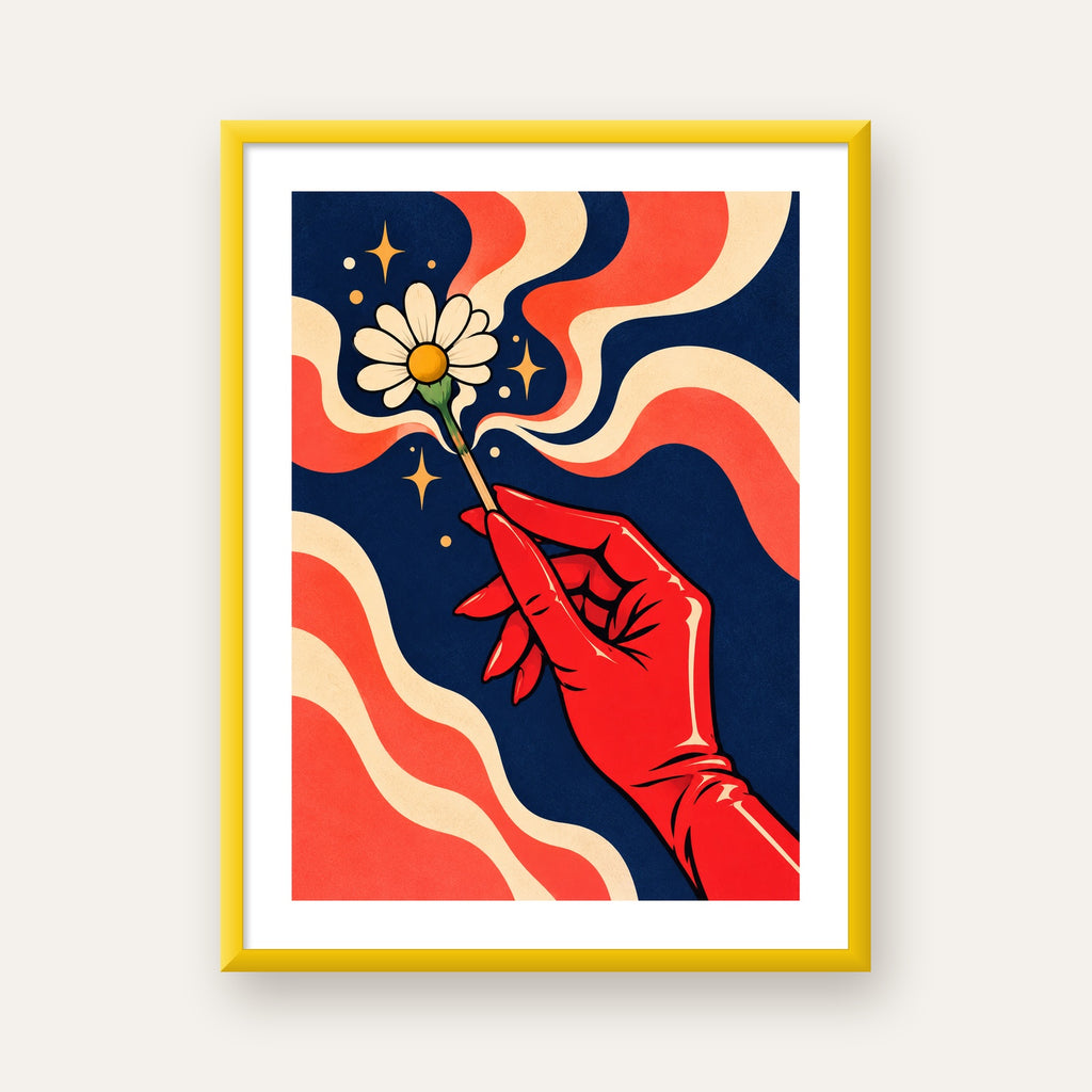Retro El ve Papatya Dijital Poster – Pop-Art Stil Dekor — sarı çerçeveli paspartulu