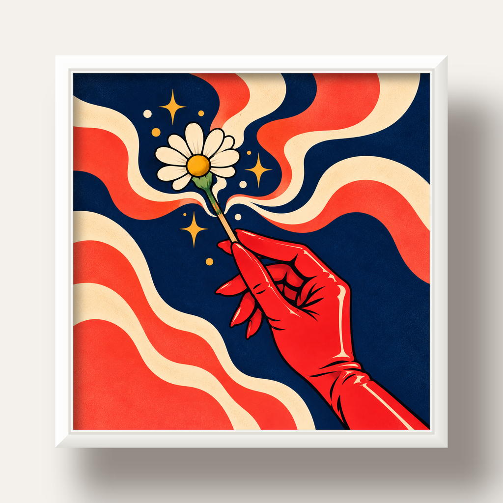 Retro El ve Papatya Dijital Poster – Pop-Art Stil Dekor — beyaz derin çerçeveli