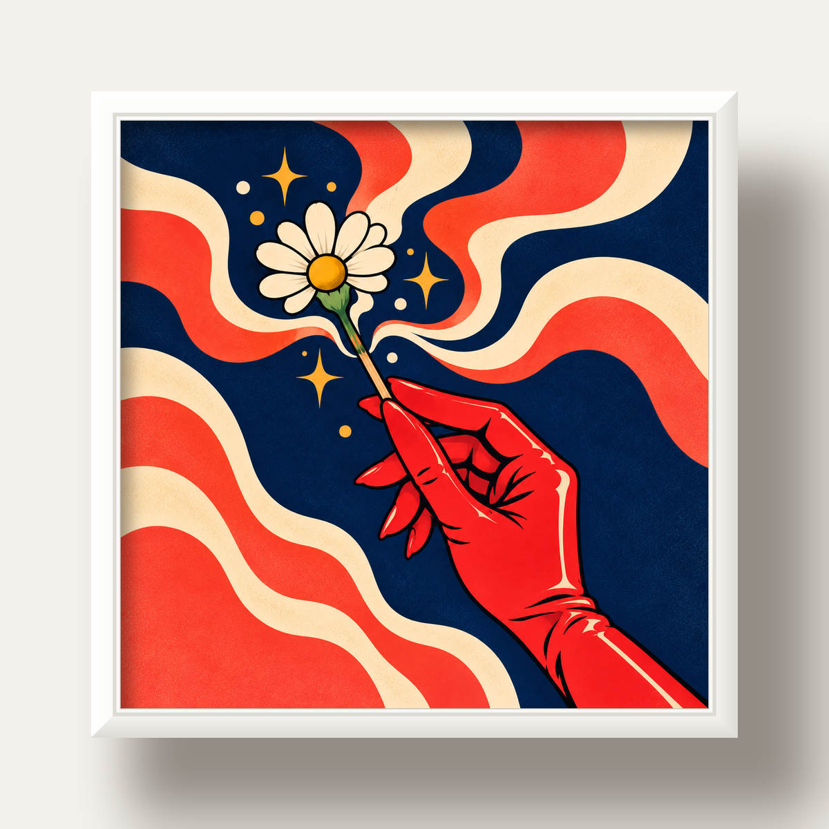 Retro El ve Papatya Dijital Poster – Pop-Art Stil Dekor — beyaz derin çerçeveli