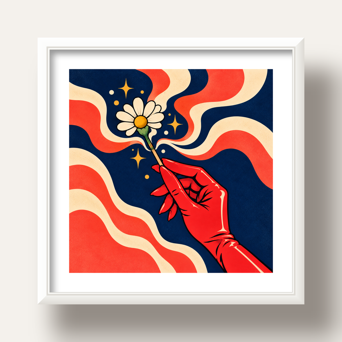 Retro El ve Papatya Dijital Poster – Pop-Art Stil Dekor — beyaz derin çerçeveli paspartulu