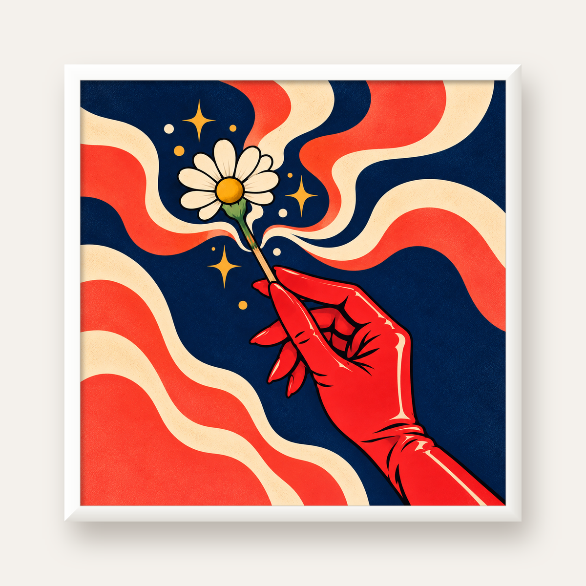 Retro El ve Papatya Dijital Poster – Pop-Art Stil Dekor — beyaz çerçeveli kare poster