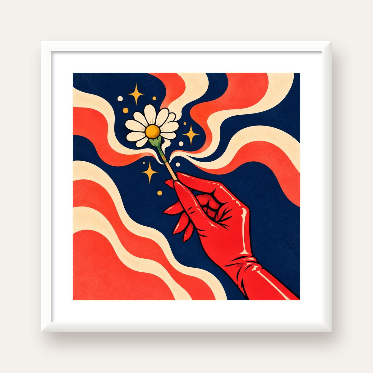 Retro El ve Papatya Dijital Poster – Pop-Art Stil Dekor — beyaz çerçeveli kare poster
