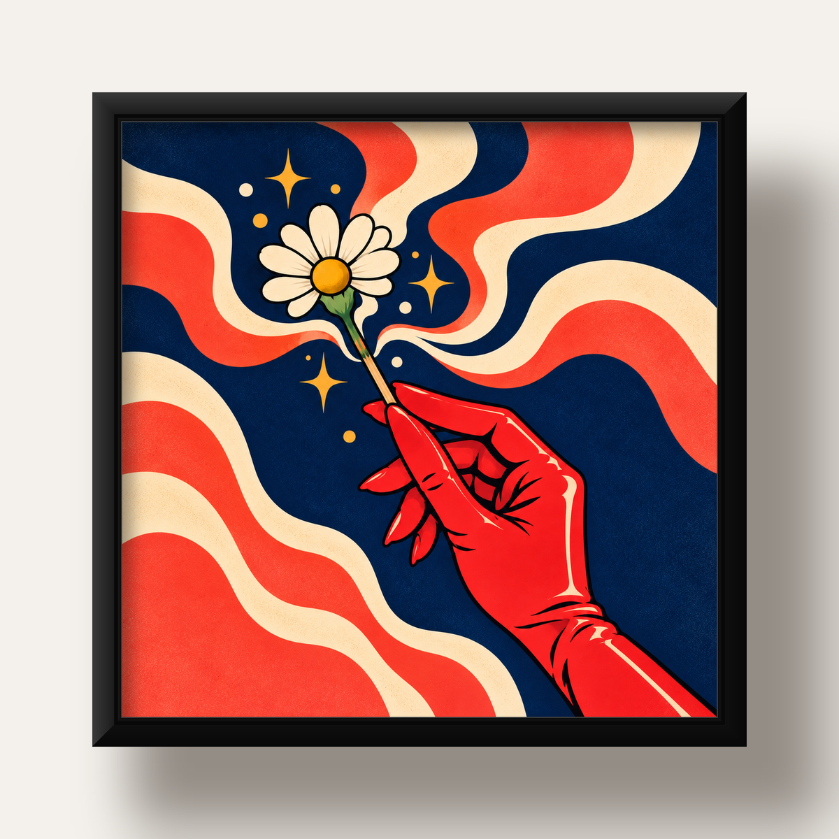 Retro El ve Papatya Dijital Poster – Pop-Art Stil Dekor — siyah derin çerçeveli