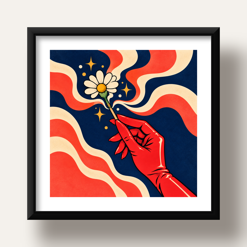 Retro El ve Papatya Dijital Poster – Pop-Art Stil Dekor — siyah derin çerçeveli paspartulu