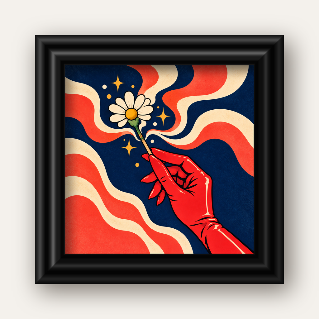 Retro El ve Papatya Dijital Poster – Pop-Art Stil Dekor — siyah galeri çerçeveli