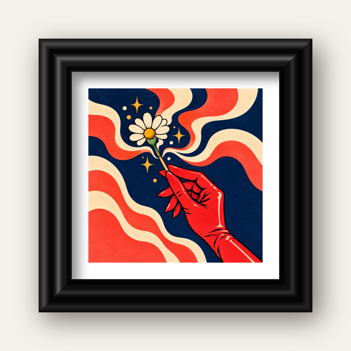 Retro El ve Papatya Dijital Poster – Pop-Art Stil Dekor — siyah galeri çerçeveli paspartulu