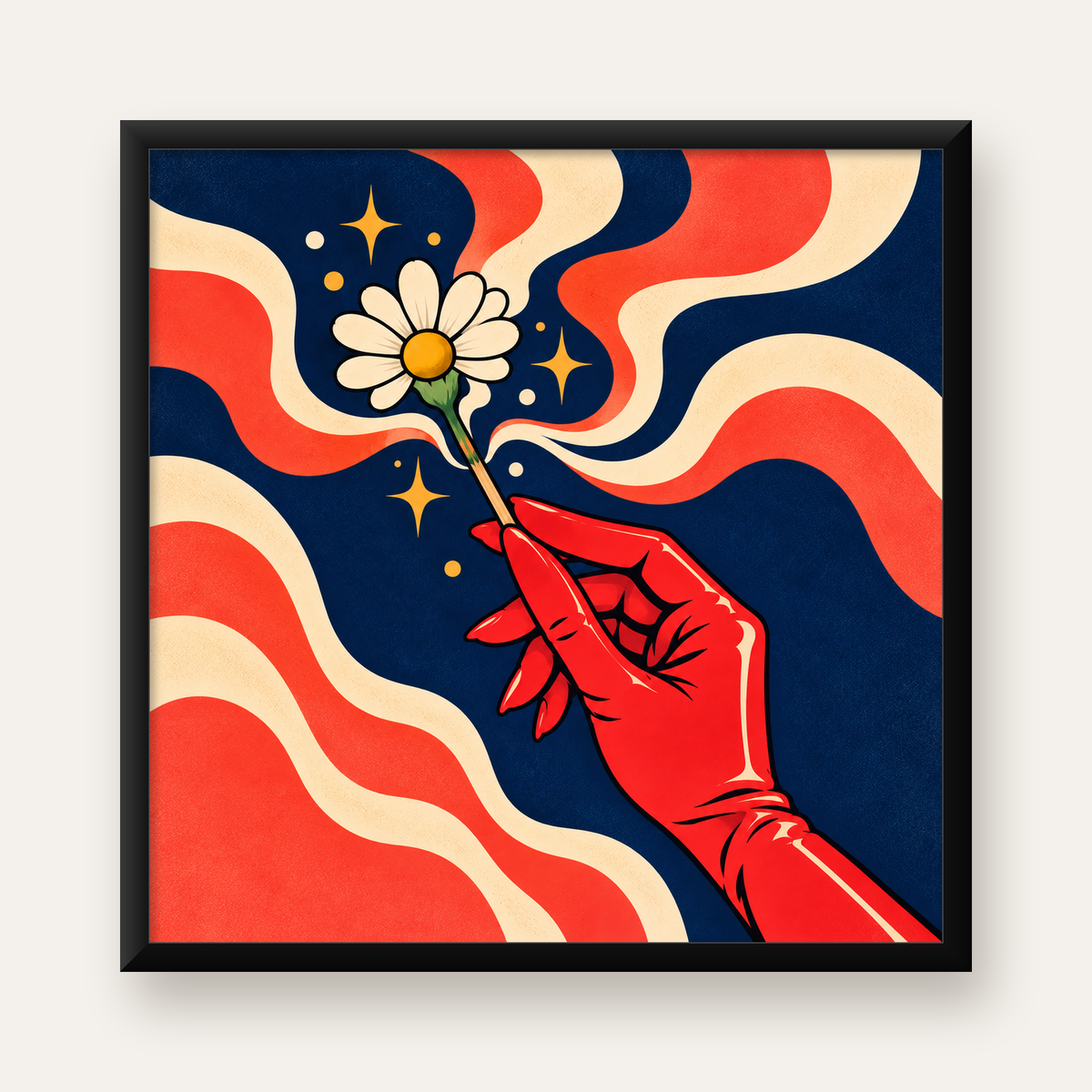 Retro El ve Papatya Dijital Poster – Pop-Art Stil Dekor — Kare baskı, düz siyah çerçeveli duvar posteri