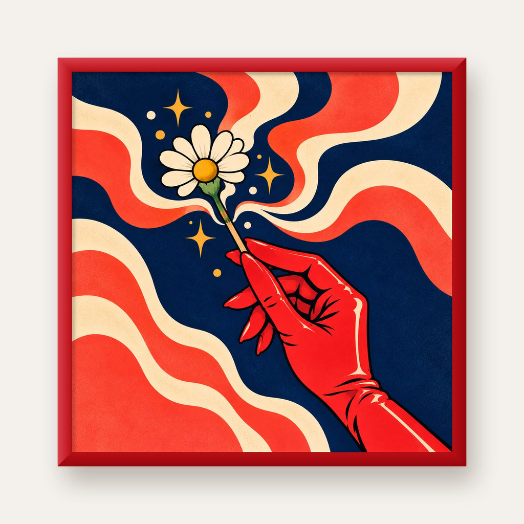 Retro El ve Papatya Dijital Poster – Pop-Art Stil Dekor — kırmızı çerçeveli