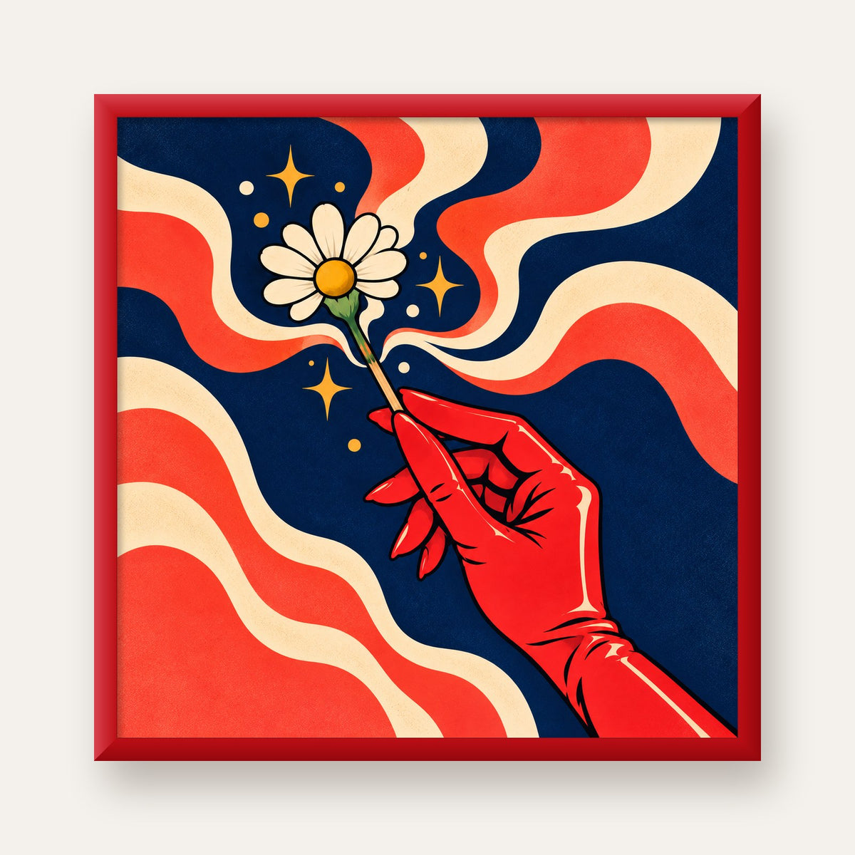 Retro El ve Papatya Dijital Poster – Pop-Art Stil Dekor — kırmızı çerçeveli