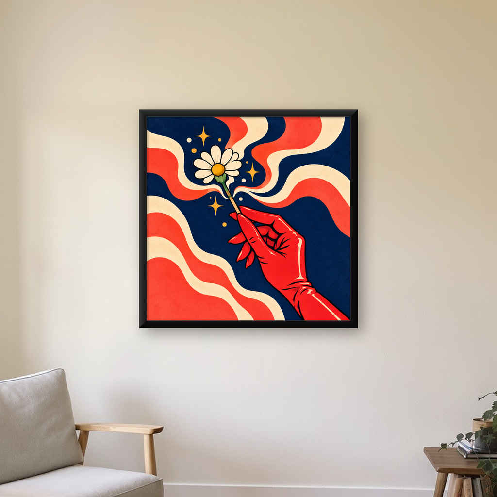 Retro El ve Papatya Dijital Poster – Pop-Art Stil Dekor — Kare baskı, çerçeveli hâliyle bir ev duvarında