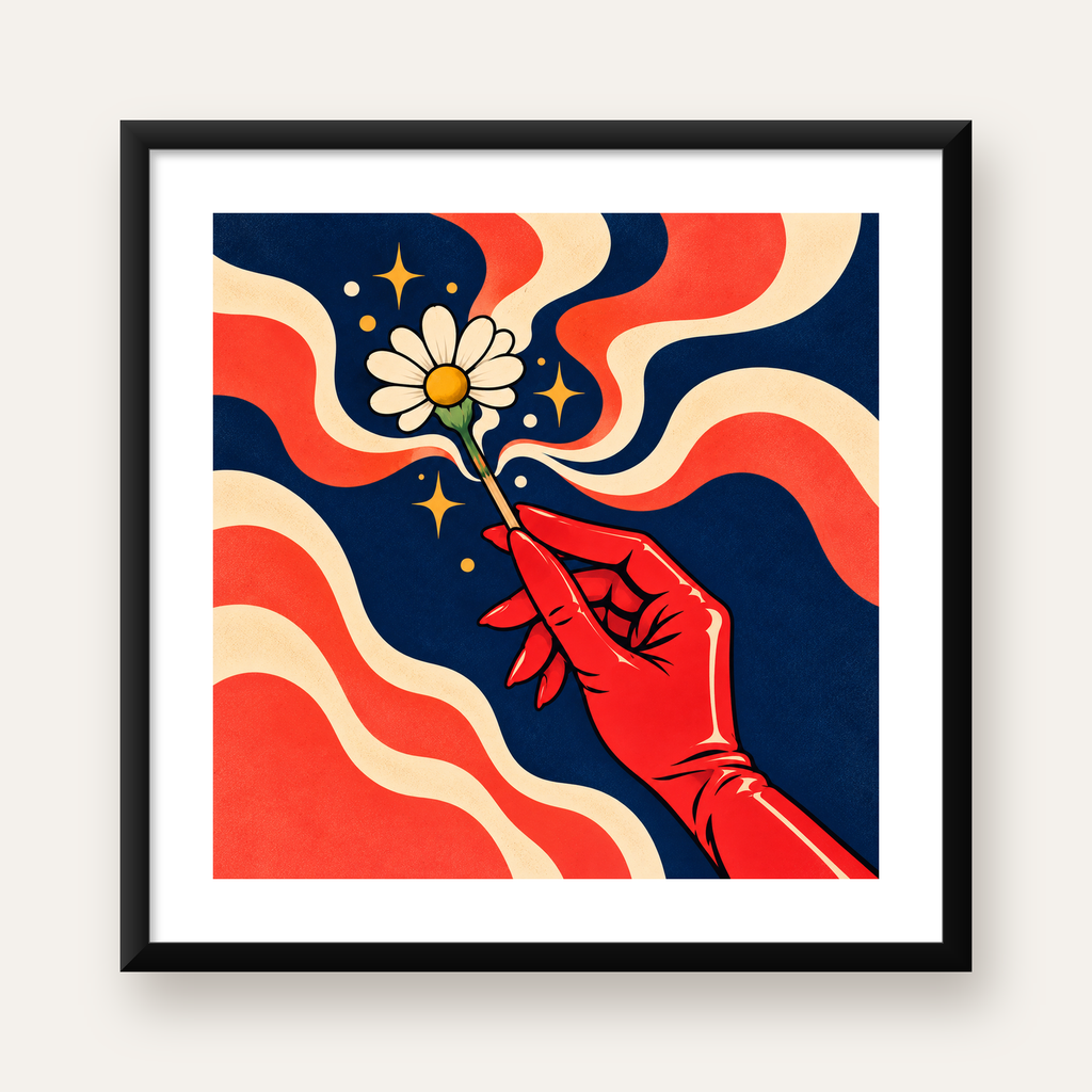 Retro El ve Papatya Dijital Poster – Pop-Art Stil Dekor — Kare baskı, beyaz paspartulu