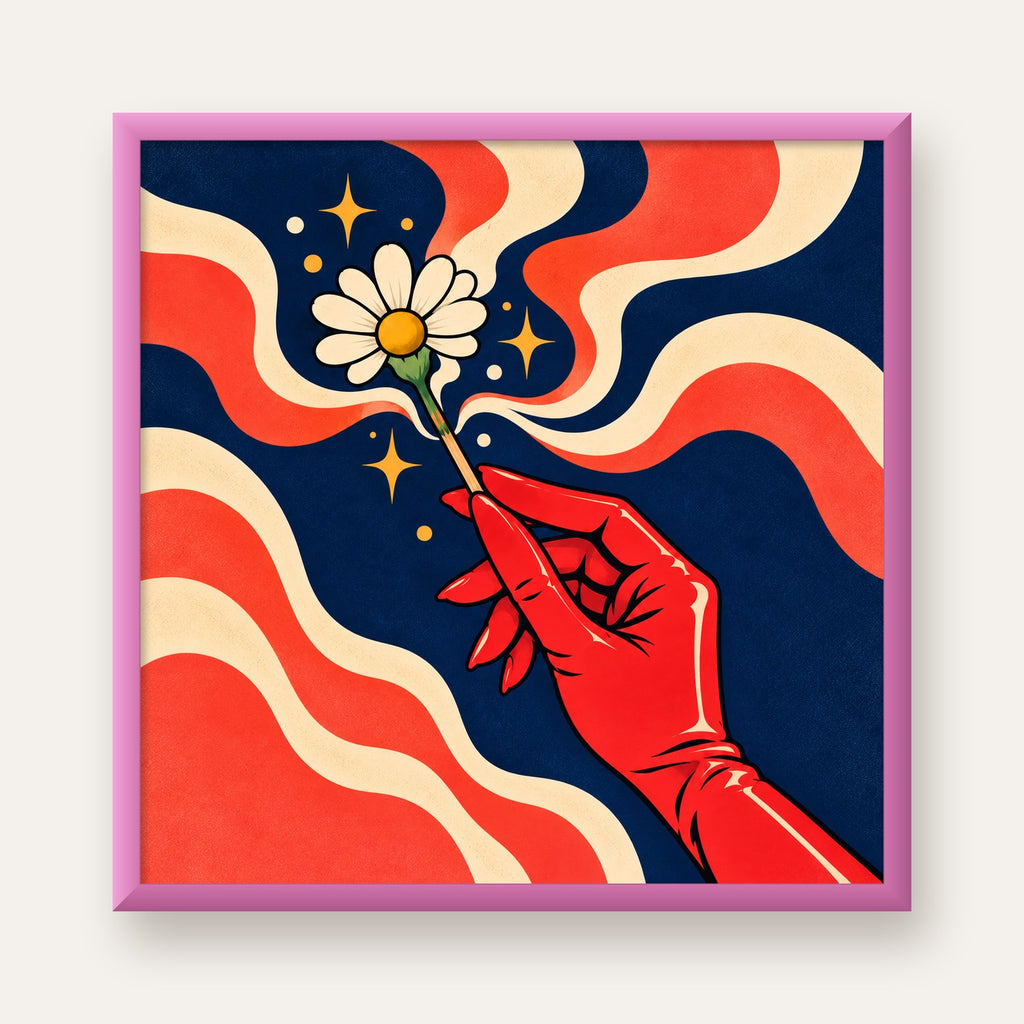 Retro El ve Papatya Dijital Poster – Pop-Art Stil Dekor — pembe çerçeveli
