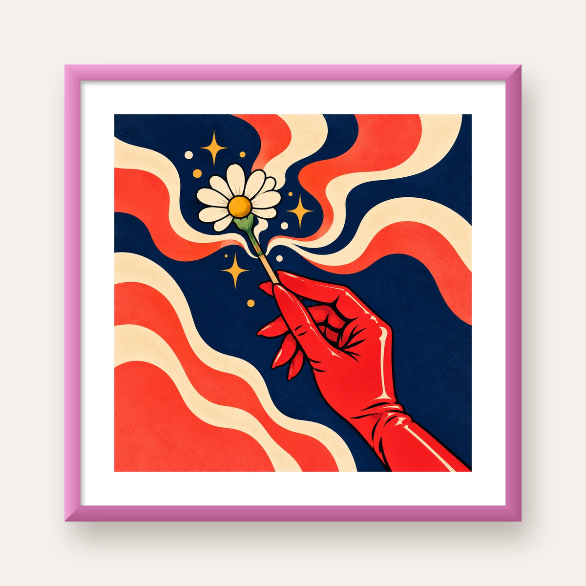 Retro El ve Papatya Dijital Poster – Pop-Art Stil Dekor — pembe çerçeveli paspartulu