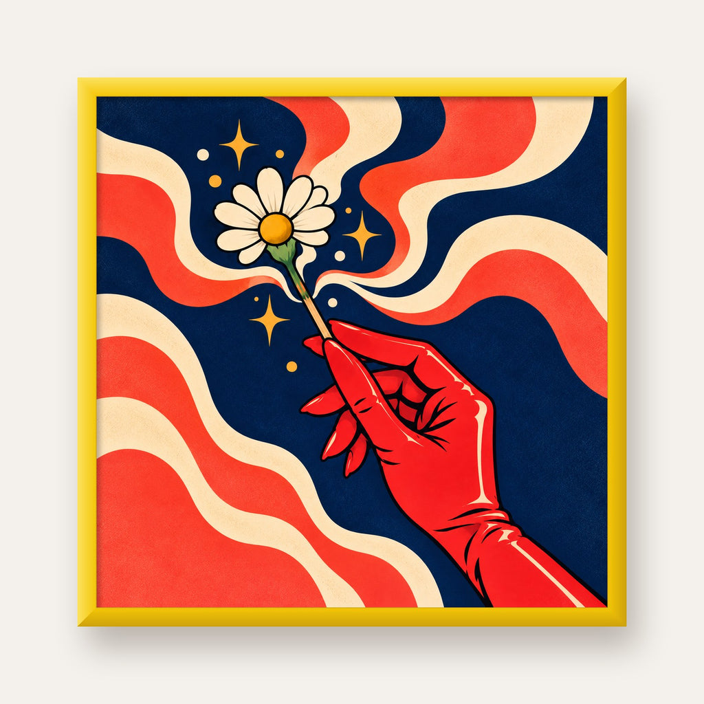 Retro El ve Papatya Dijital Poster – Pop-Art Stil Dekor — sarı çerçeveli