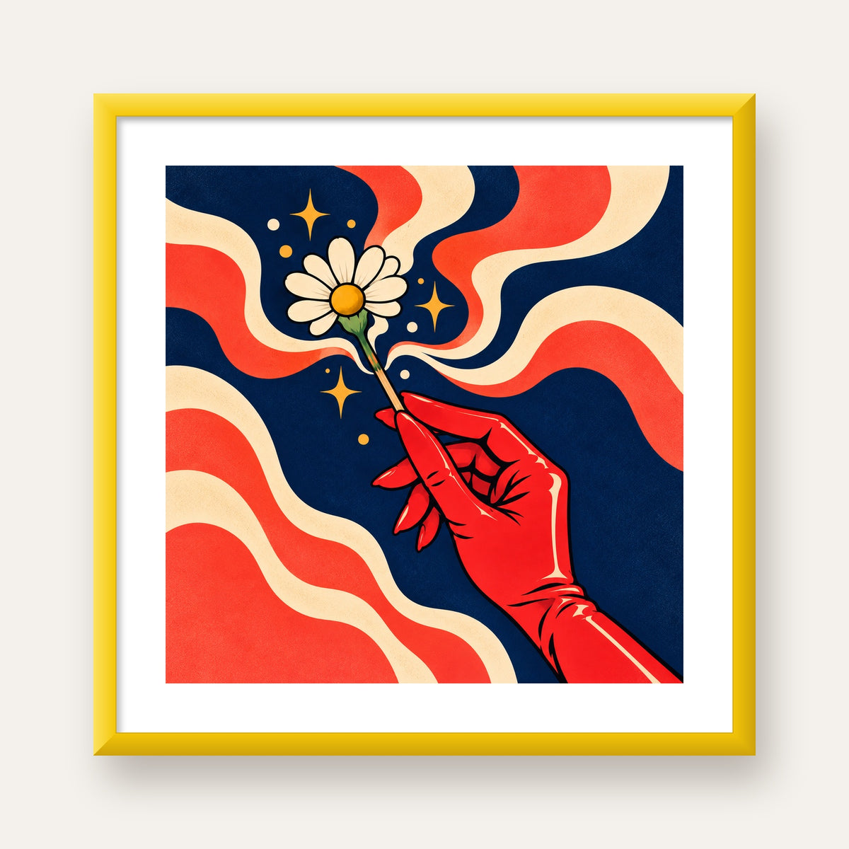 Retro El ve Papatya Dijital Poster – Pop-Art Stil Dekor — sarı çerçeveli paspartulu