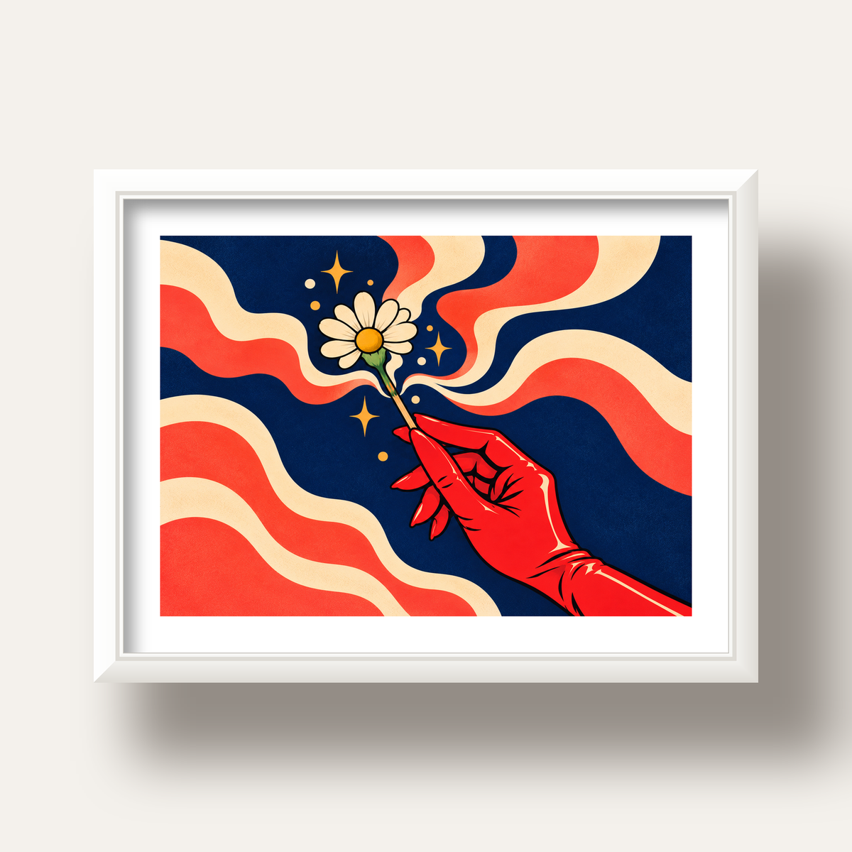 Retro El ve Papatya Dijital Poster – Pop-Art Stil Dekor — beyaz derin çerçeveli paspartulu