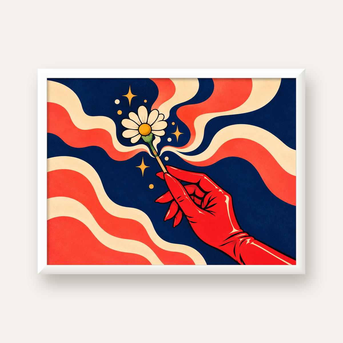 Retro El ve Papatya Dijital Poster – Pop-Art Stil Dekor — beyaz çerçeveli yatay poster