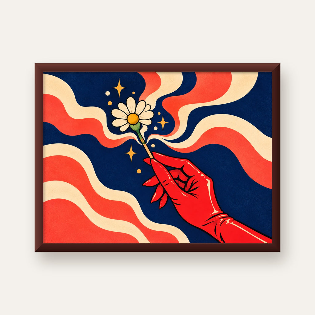 Retro El ve Papatya Dijital Poster – Pop-Art Stil Dekor — ceviz çerçeveli