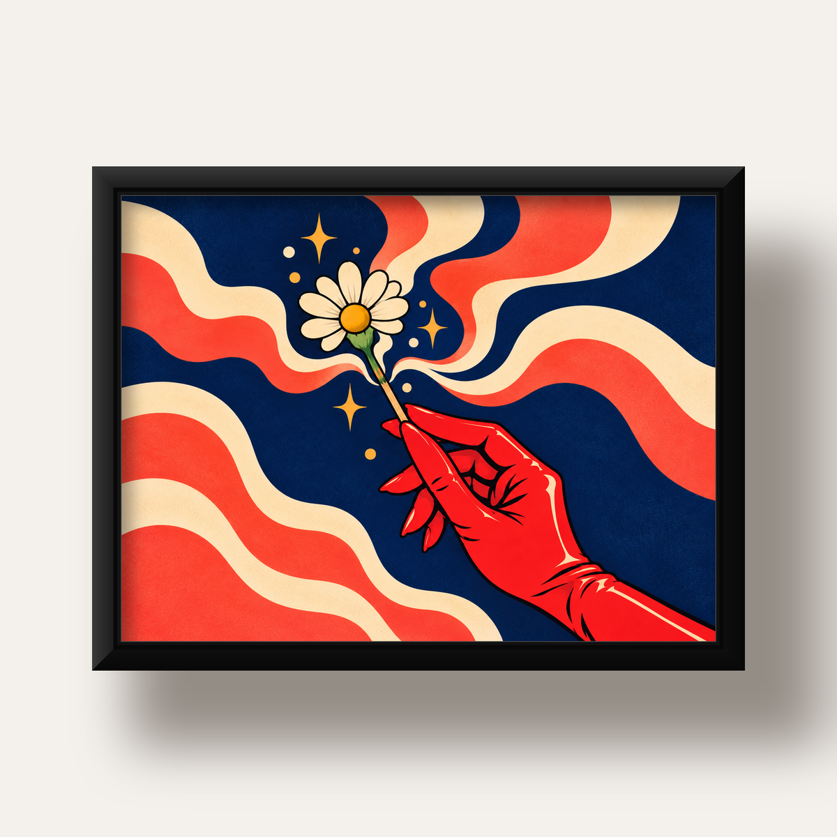 Retro El ve Papatya Dijital Poster – Pop-Art Stil Dekor — siyah derin çerçeveli