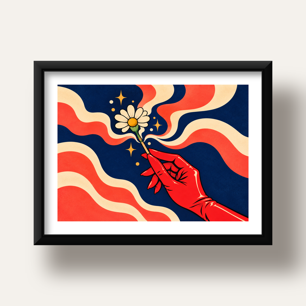 Retro El ve Papatya Dijital Poster – Pop-Art Stil Dekor — siyah derin çerçeveli paspartulu