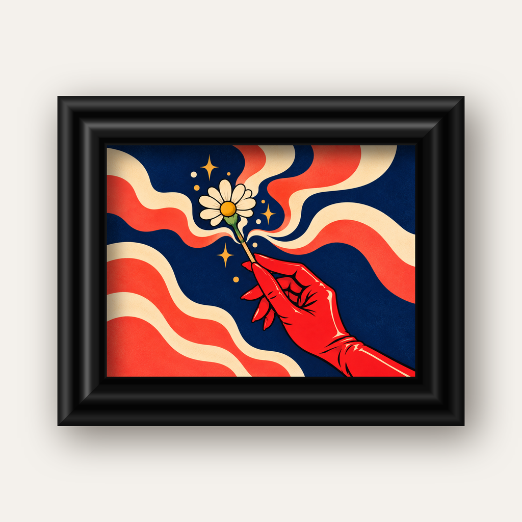 Retro El ve Papatya Dijital Poster – Pop-Art Stil Dekor — siyah galeri çerçeveli