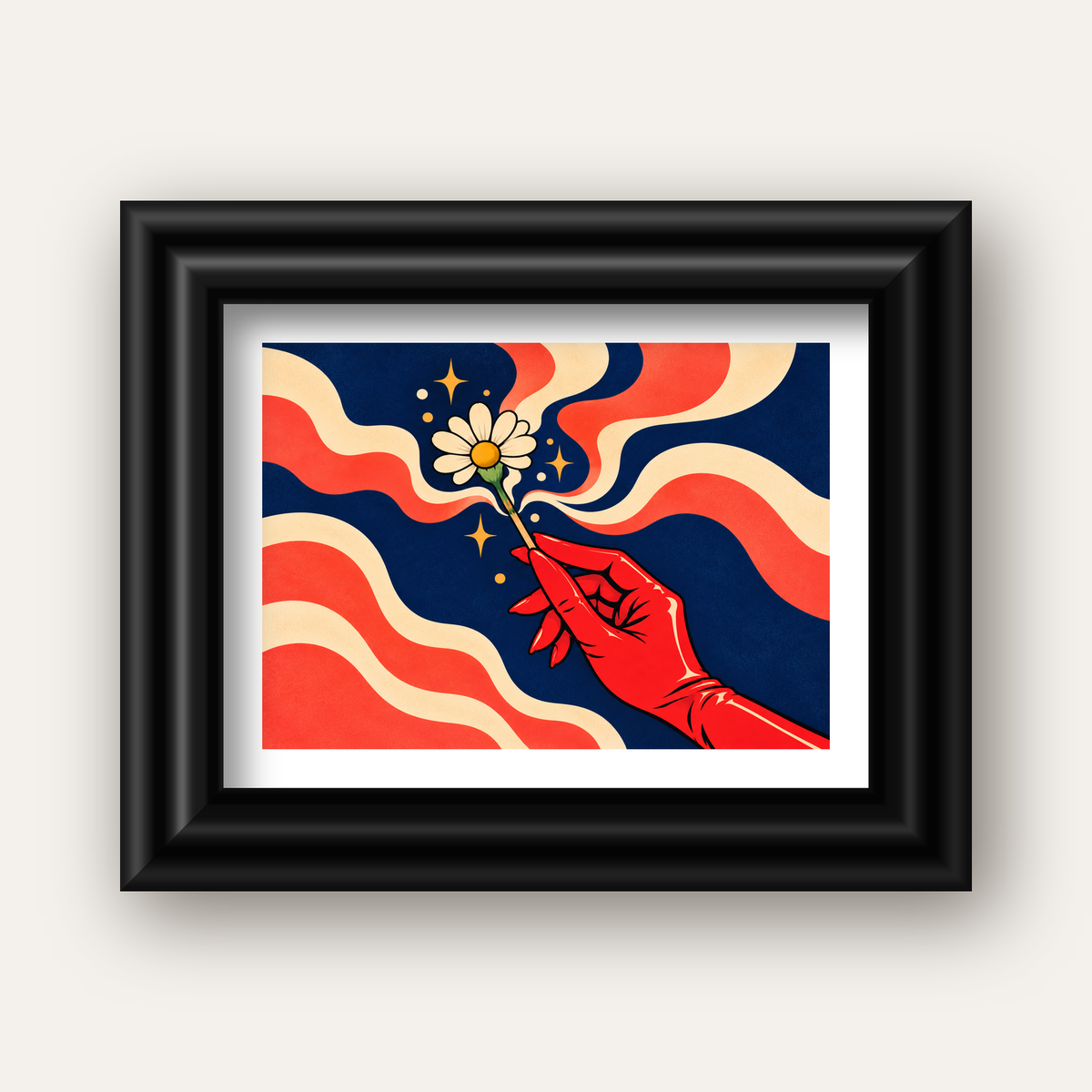Retro El ve Papatya Dijital Poster – Pop-Art Stil Dekor — siyah galeri çerçeveli paspartulu