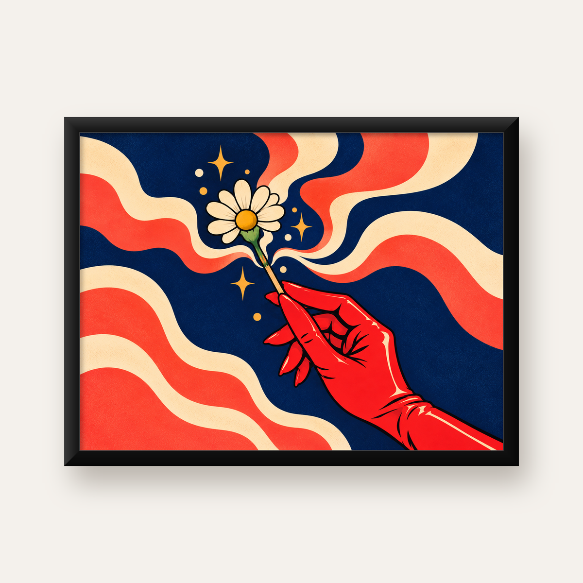 Retro El ve Papatya Dijital Poster – Pop-Art Stil Dekor — Yatay baskı, düz siyah çerçeveli duvar posteri