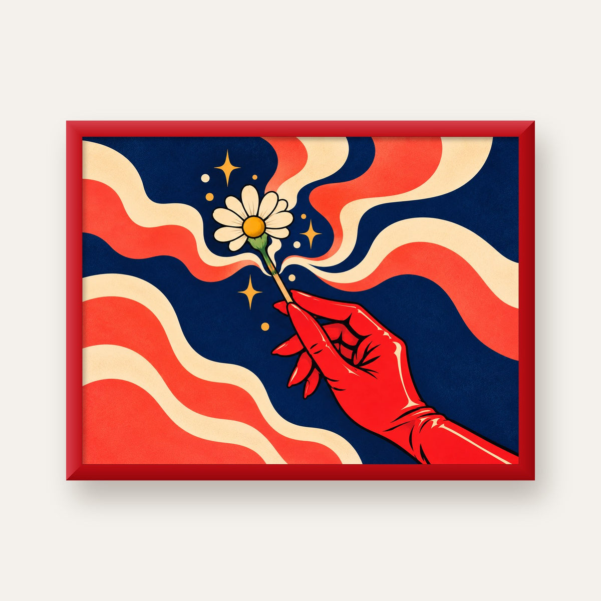 Retro El ve Papatya Dijital Poster – Pop-Art Stil Dekor — kırmızı çerçeveli