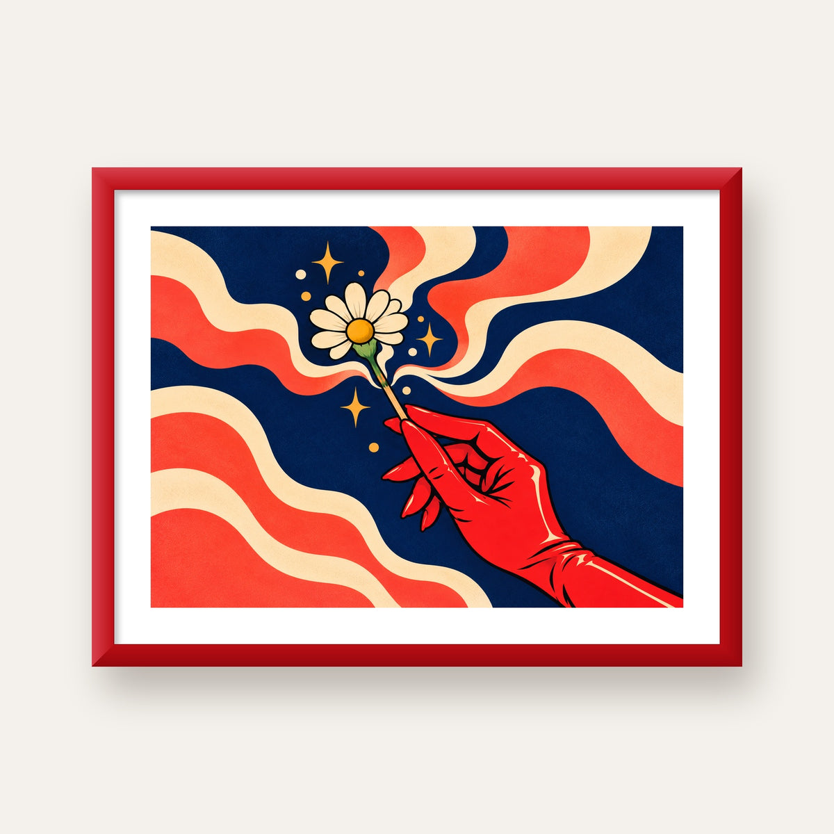 Retro El ve Papatya Dijital Poster – Pop-Art Stil Dekor — kırmızı çerçeveli paspartulu