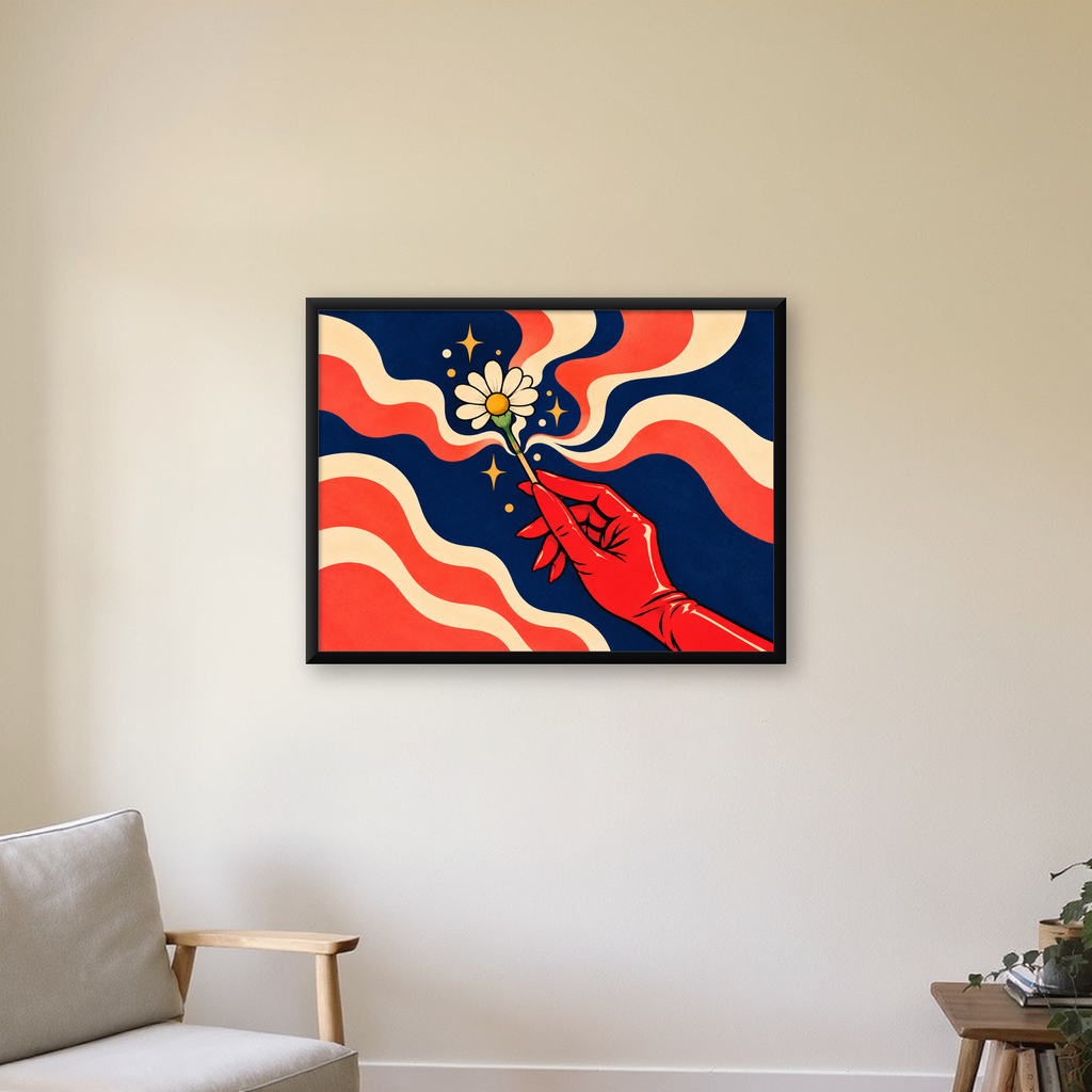 Retro El ve Papatya Dijital Poster – Pop-Art Stil Dekor — Yatay baskı, çerçeveli hâliyle bir ev duvarında