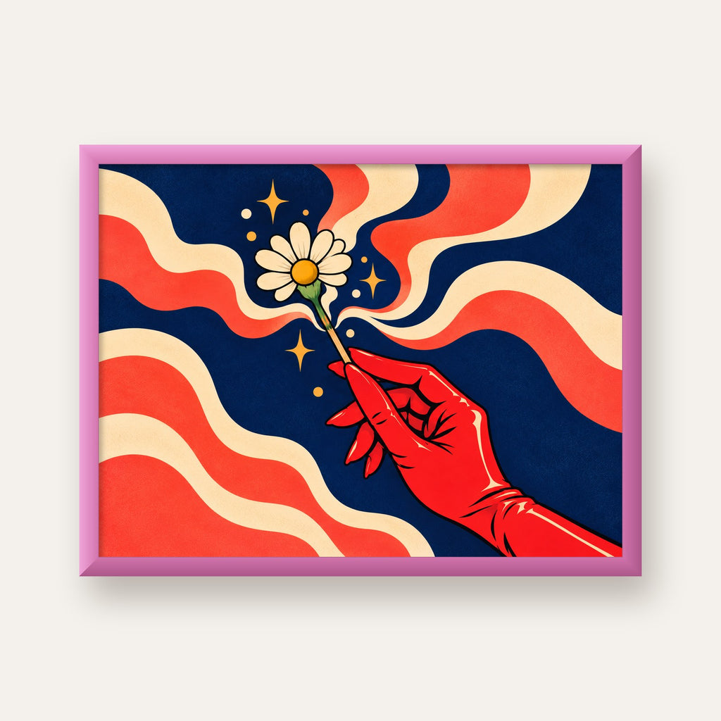 Retro El ve Papatya Dijital Poster – Pop-Art Stil Dekor — pembe çerçeveli