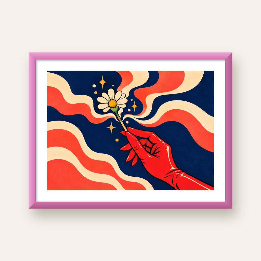 Retro El ve Papatya Dijital Poster – Pop-Art Stil Dekor — pembe çerçeveli paspartulu