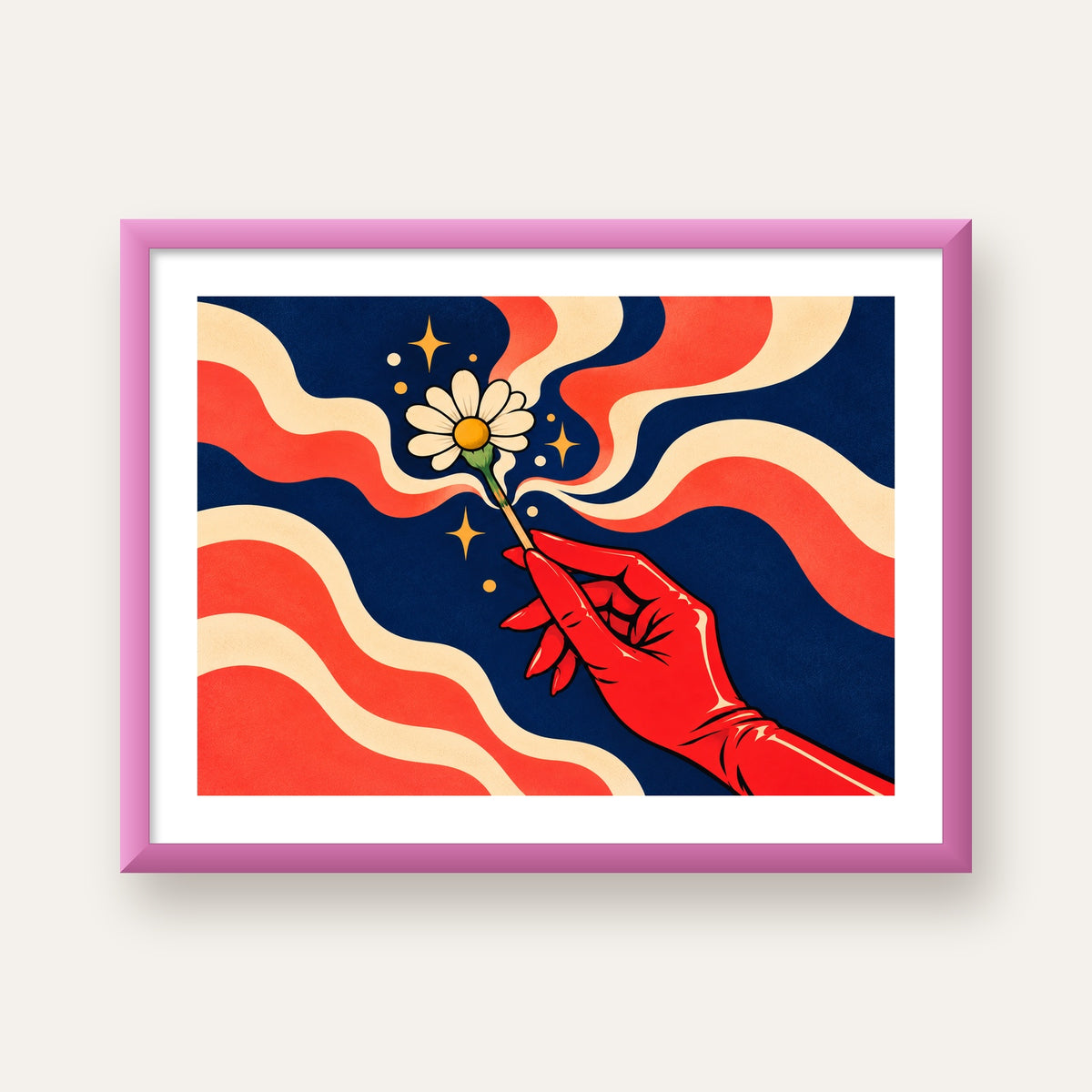 Retro El ve Papatya Dijital Poster – Pop-Art Stil Dekor — pembe çerçeveli paspartulu