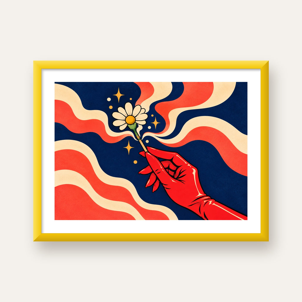 Retro El ve Papatya Dijital Poster – Pop-Art Stil Dekor — sarı çerçeveli paspartulu