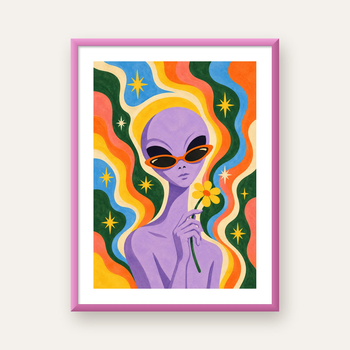 Mor Tenli Uzaylı ve Çiçek – Renkli Psikedelik Poster — pembe çerçeveli paspartulu