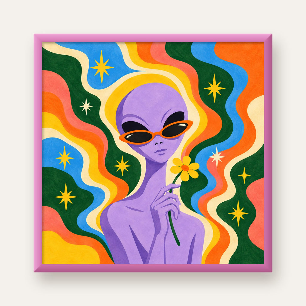 Mor Tenli Uzaylı ve Çiçek – Renkli Psikedelik Poster — pembe çerçeveli