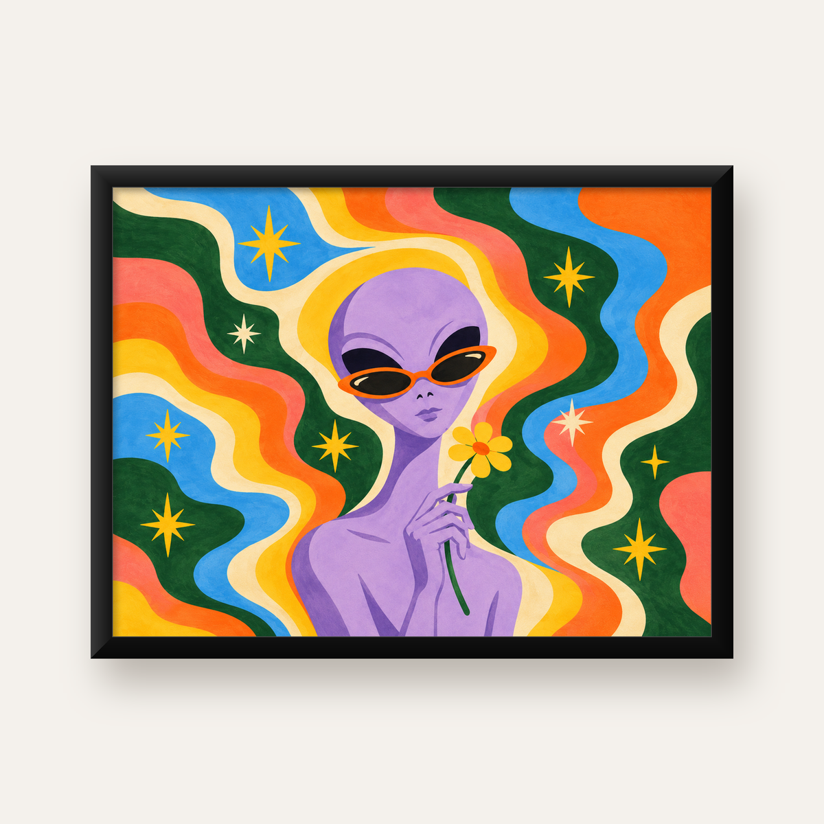 Mor Tenli Uzaylı ve Çiçek – Renkli Psikedelik Poster — Yatay baskı, düz siyah çerçeveli duvar posteri