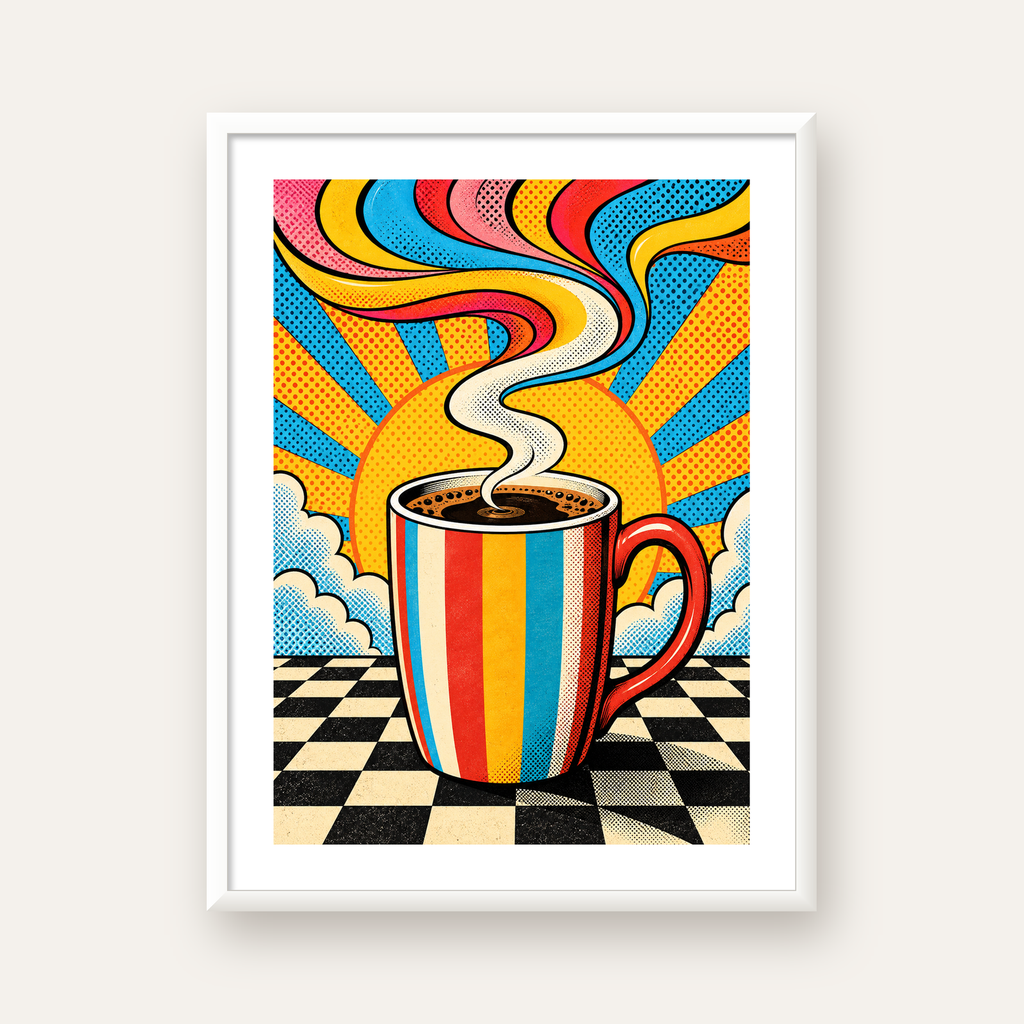 Renkli Kahve Kupası ve Güneş Çizgi Roman Poster — beyaz çerçeveli dikey poster