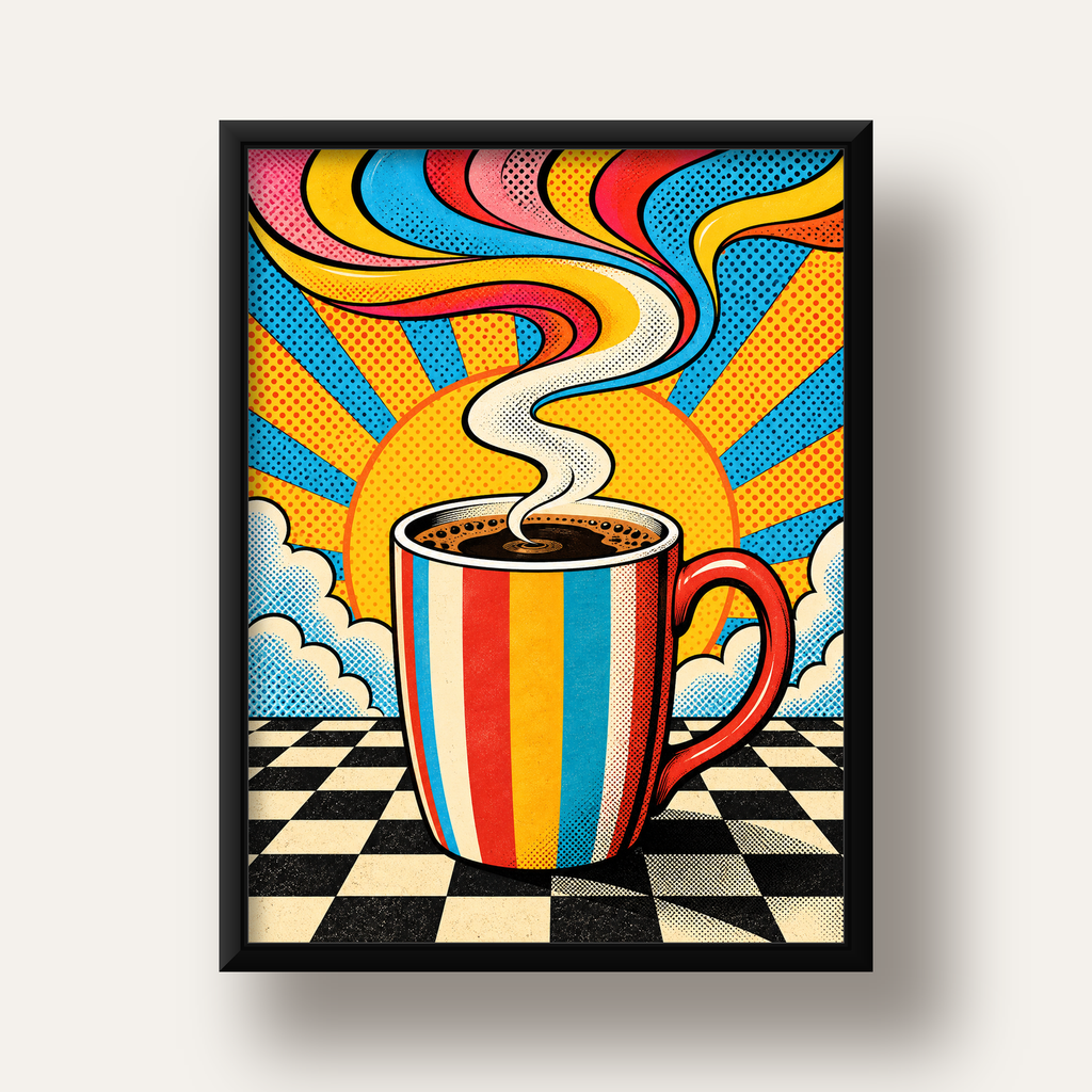 Renkli Kahve Kupası ve Güneş Çizgi Roman Poster — siyah derin çerçeveli