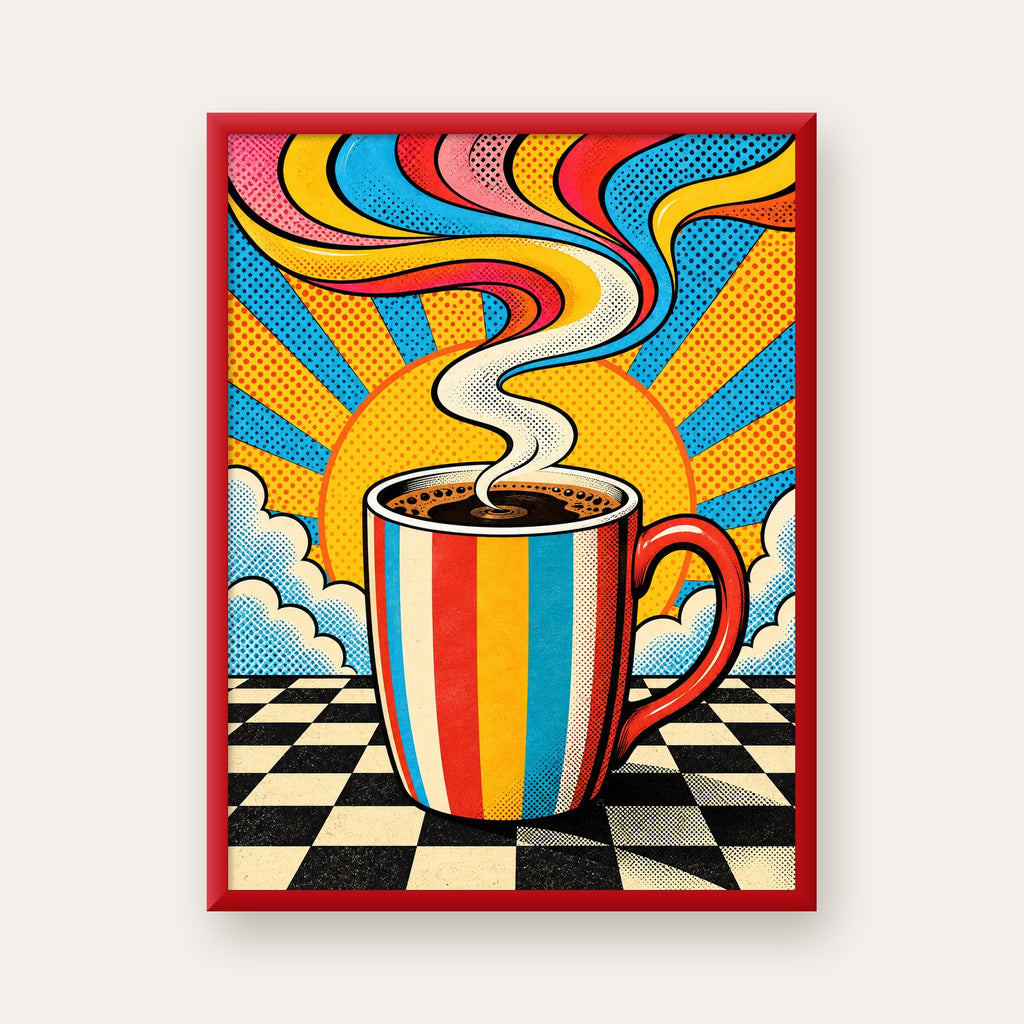 Renkli Kahve Kupası ve Güneş Çizgi Roman Poster — kırmızı çerçeveli