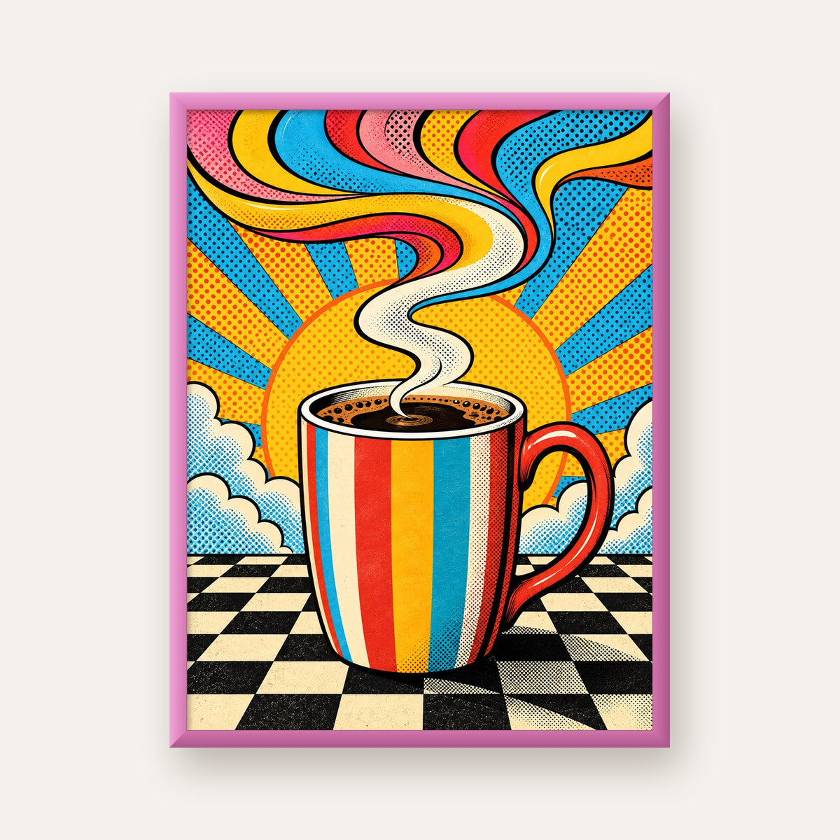 Renkli Kahve Kupası ve Güneş Çizgi Roman Poster — pembe çerçeveli