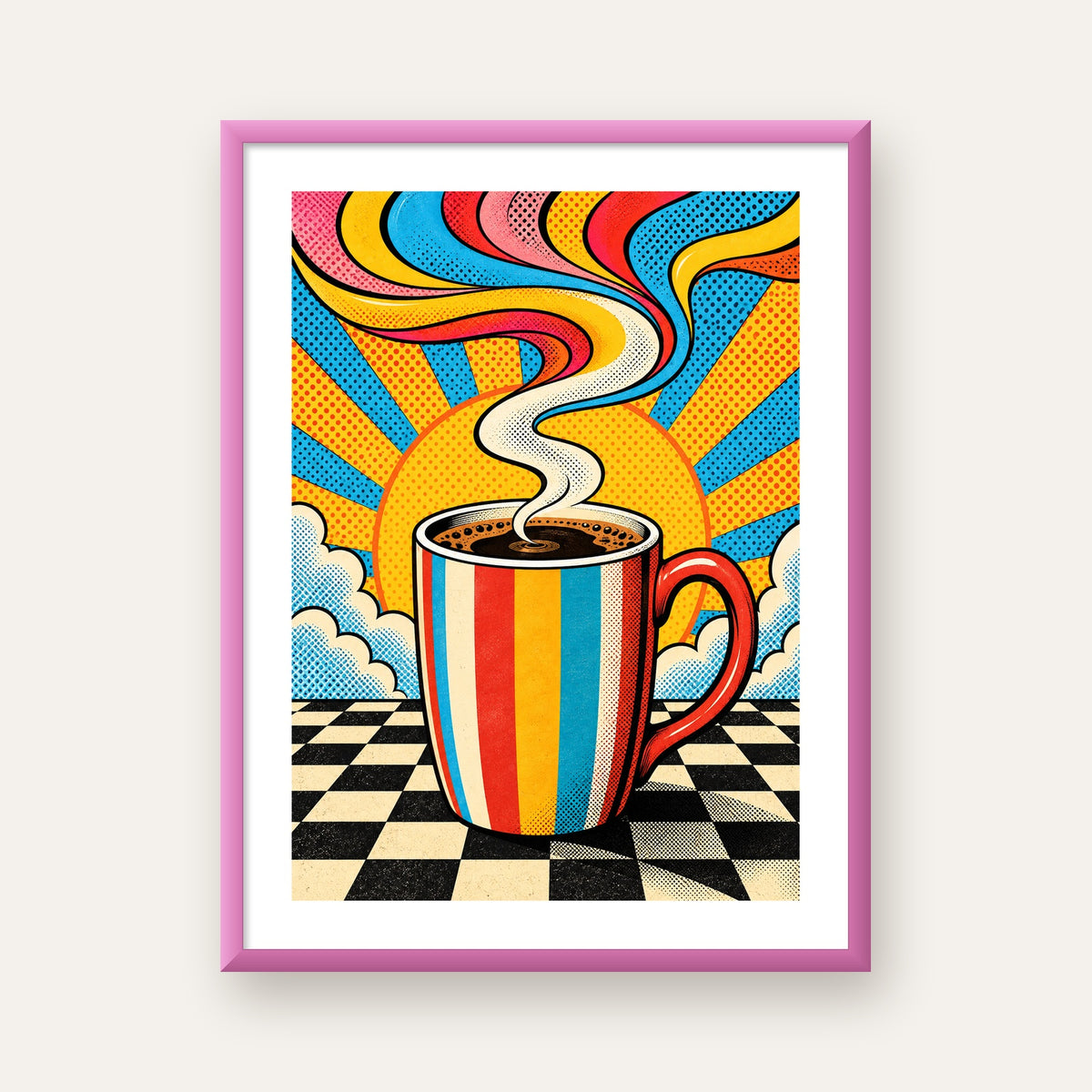 Renkli Kahve Kupası ve Güneş Çizgi Roman Poster — pembe çerçeveli paspartulu