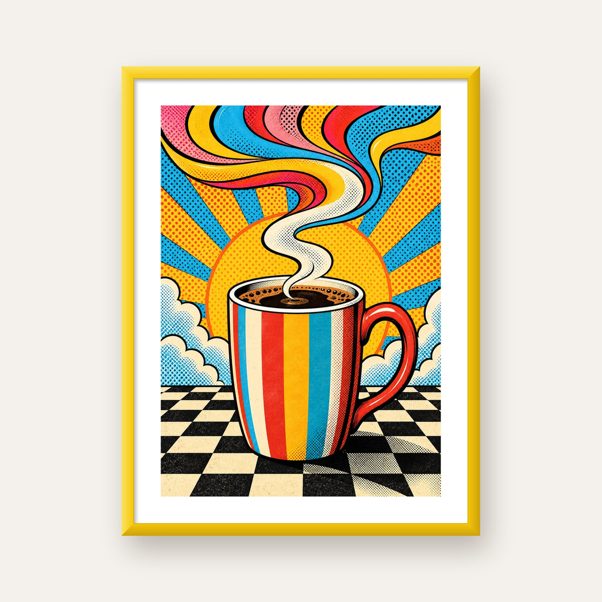 Renkli Kahve Kupası ve Güneş Çizgi Roman Poster — sarı çerçeveli paspartulu