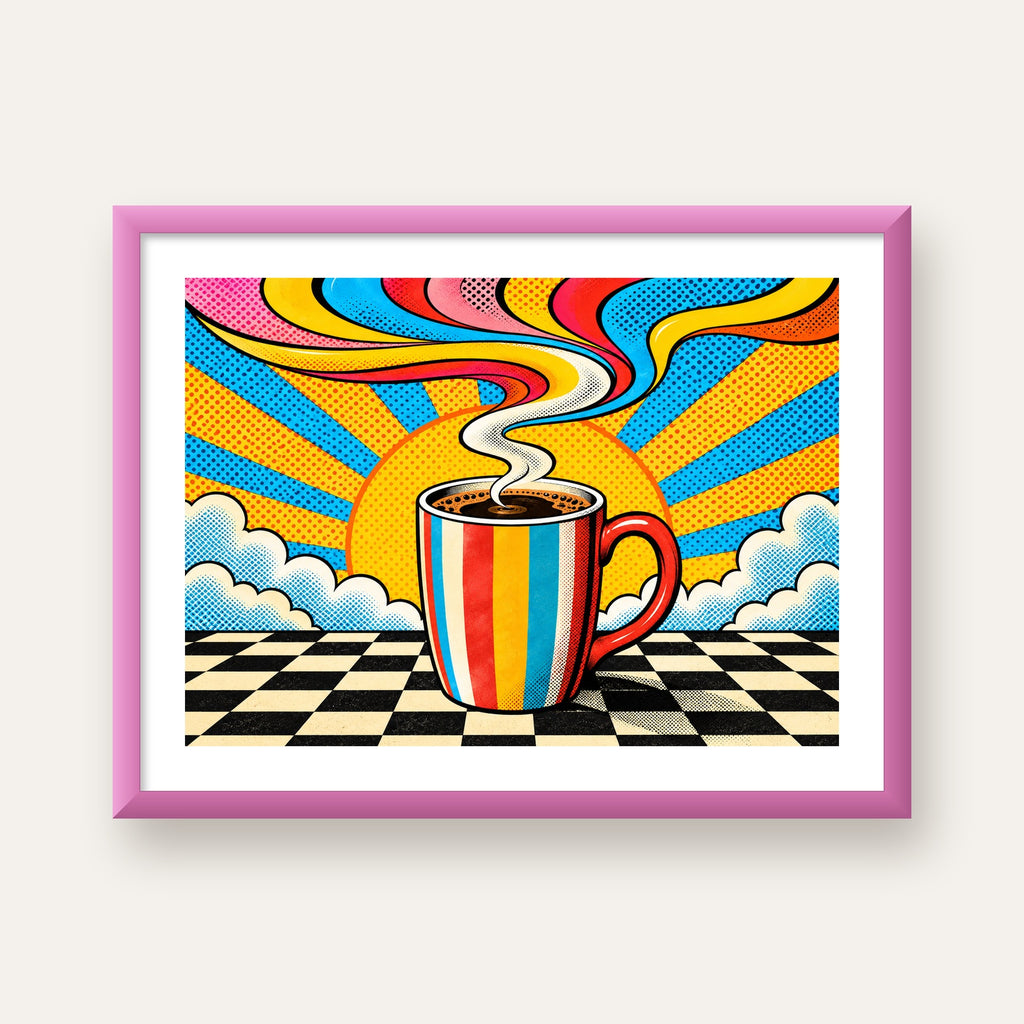 Renkli Kahve Kupası ve Güneş Çizgi Roman Poster — pembe çerçeveli paspartulu