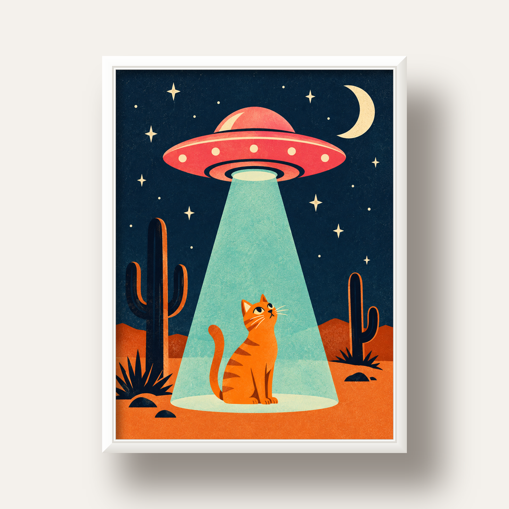 Çöl Manzaralı Uzay Gemisi ve Kedi Poster – Retro Vektör Tasarım — beyaz derin çerçeveli