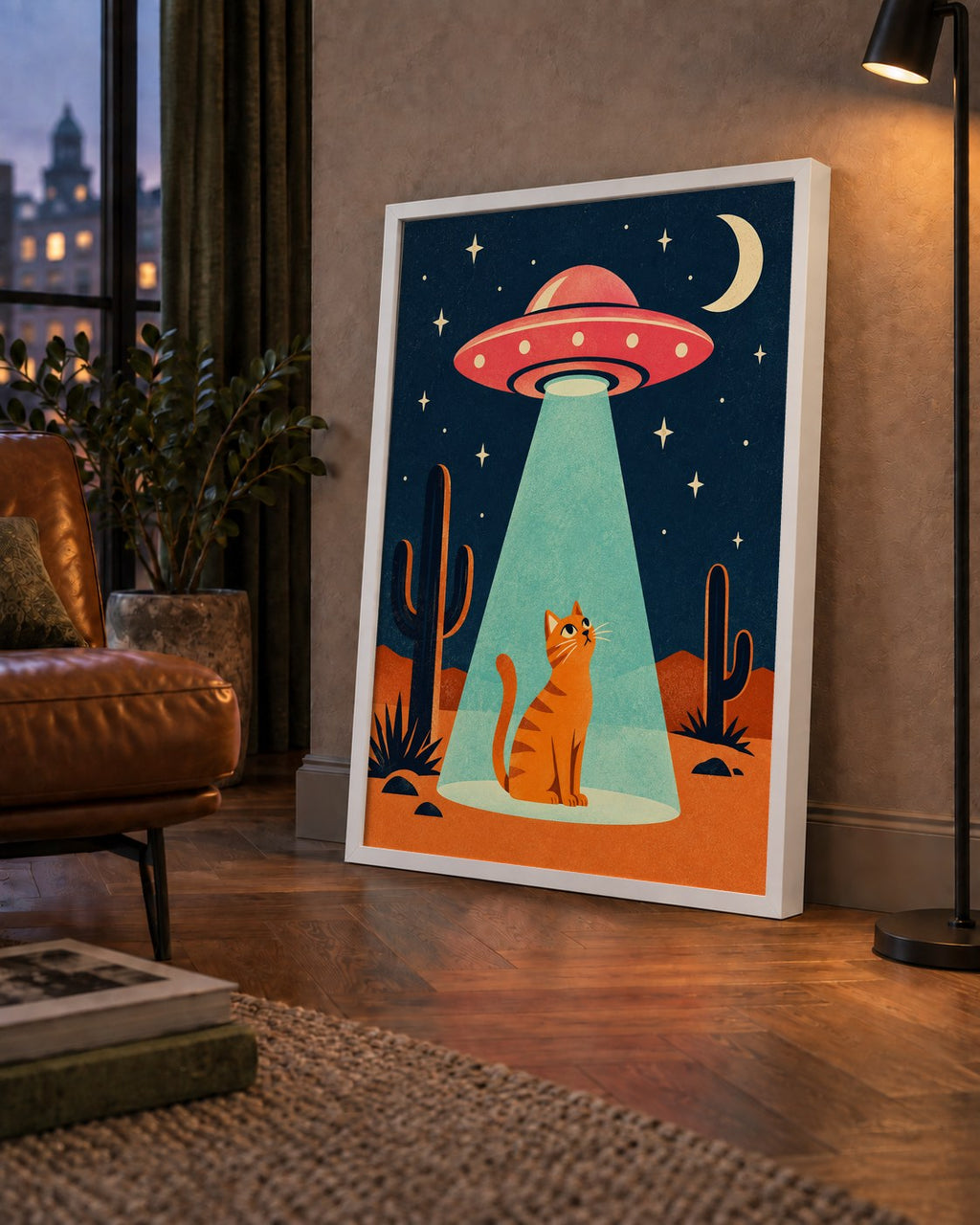 Çöl Manzaralı Uzay Gemisi ve Kedi Poster – Retro Vektör Tasarım — çerçeveli hâliyle bir ev duvarında