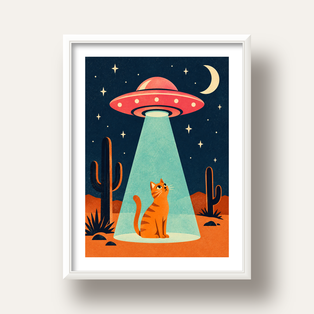 Çöl Manzaralı Uzay Gemisi ve Kedi Poster – Retro Vektör Tasarım — beyaz derin çerçeveli paspartulu