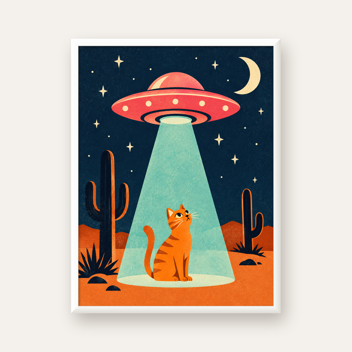 Çöl Manzaralı Uzay Gemisi ve Kedi Poster – Retro Vektör Tasarım — beyaz çerçeveli dikey poster