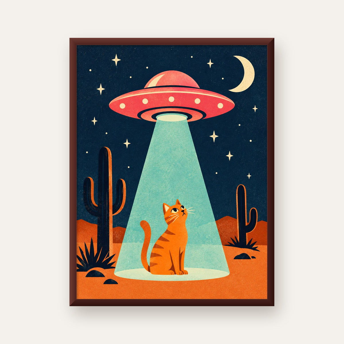 Çöl Manzaralı Uzay Gemisi ve Kedi Poster – Retro Vektör Tasarım — ceviz çerçeveli