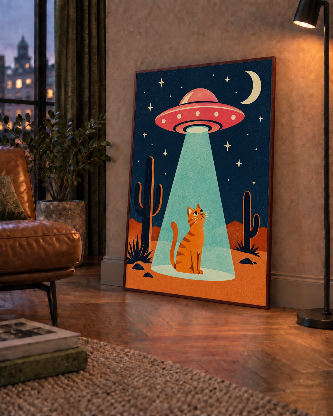 Çöl Manzaralı Uzay Gemisi ve Kedi Poster – Retro Vektör Tasarım — çerçeveli hâliyle bir ev duvarında